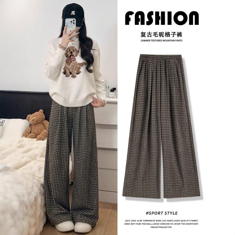 Black and gray plaid pants children's new autumn high waist drape loose casual small woolen wide-leg pants