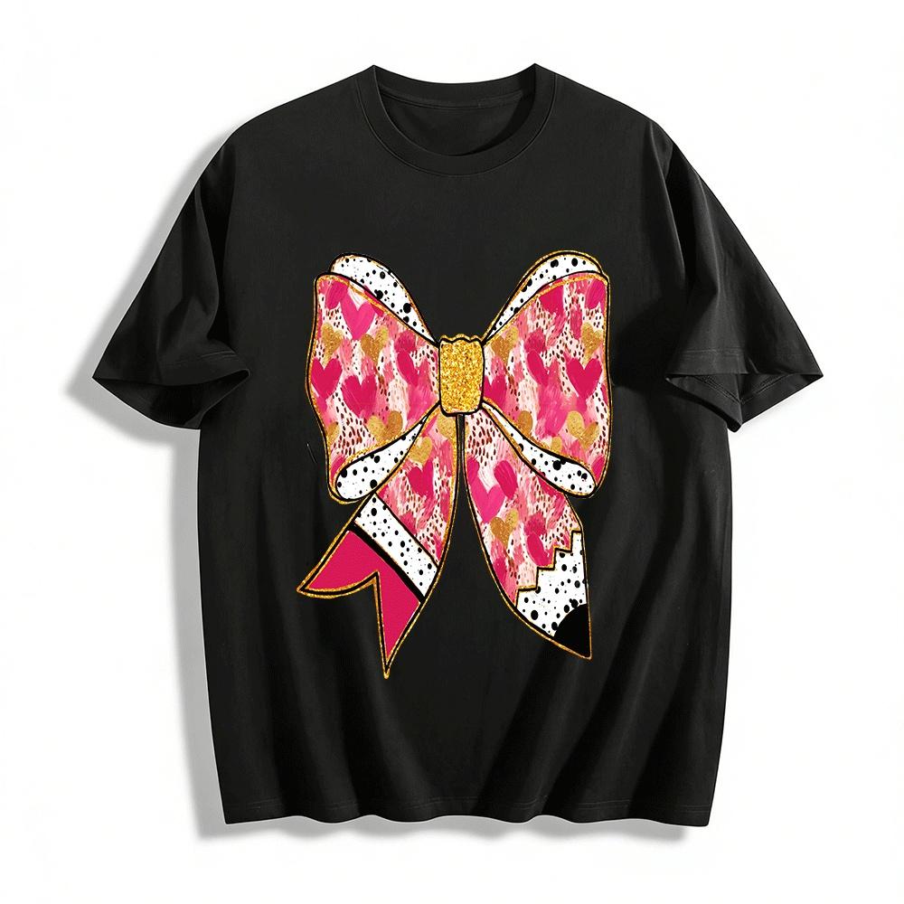 Heart Leopard Print Bow Graphic Casual Top Pure cotton T-shirt