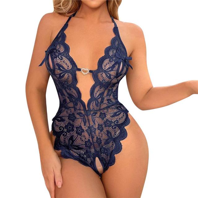 Lingerie Women Lace Transparent Pajamas Set Sexy Sleepwear Deep V Pajama Set Erotic Nightdress
