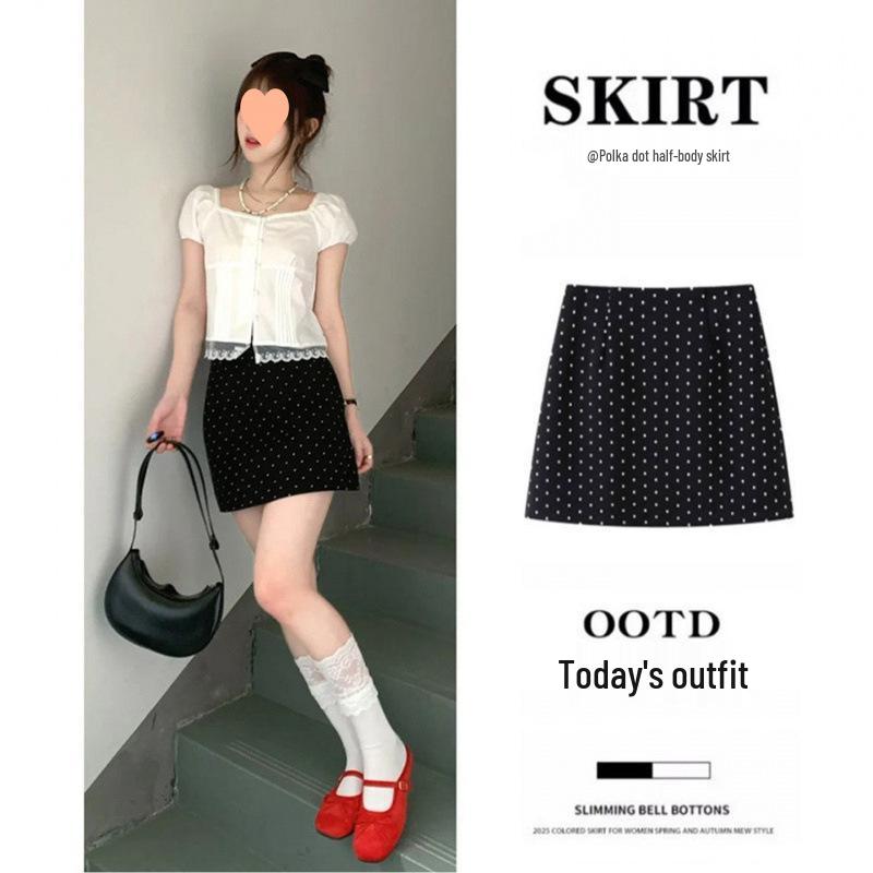 

2026 Summer Apricot Polka Dot Suit: Korean Style Hip-Hugging Half-Skirt for Women M