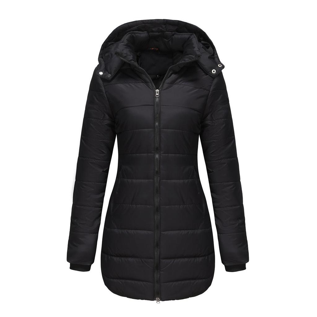 Women’s Hooded Jacket Cotton Padded Light Rain Water Resistant Zipper Closure Windproof Puffer Coats Hidden Side Pockets Winter Long Outwear