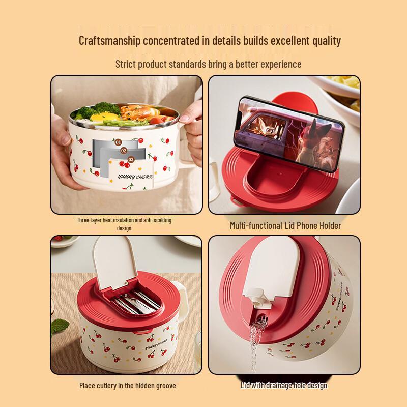 ZISIZ 304 Stainless Steel Instant Noodle & Soup Bowl with Lid, Drainer, and Folding Utensils