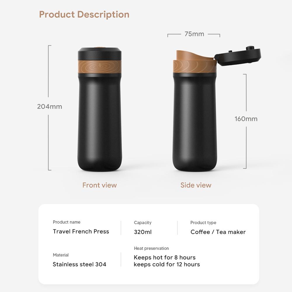 320ML Outdoor Portable French Press Coffee Maker, Stainless Steel Insulated French Press, Automatic Coffee Grounds Separation