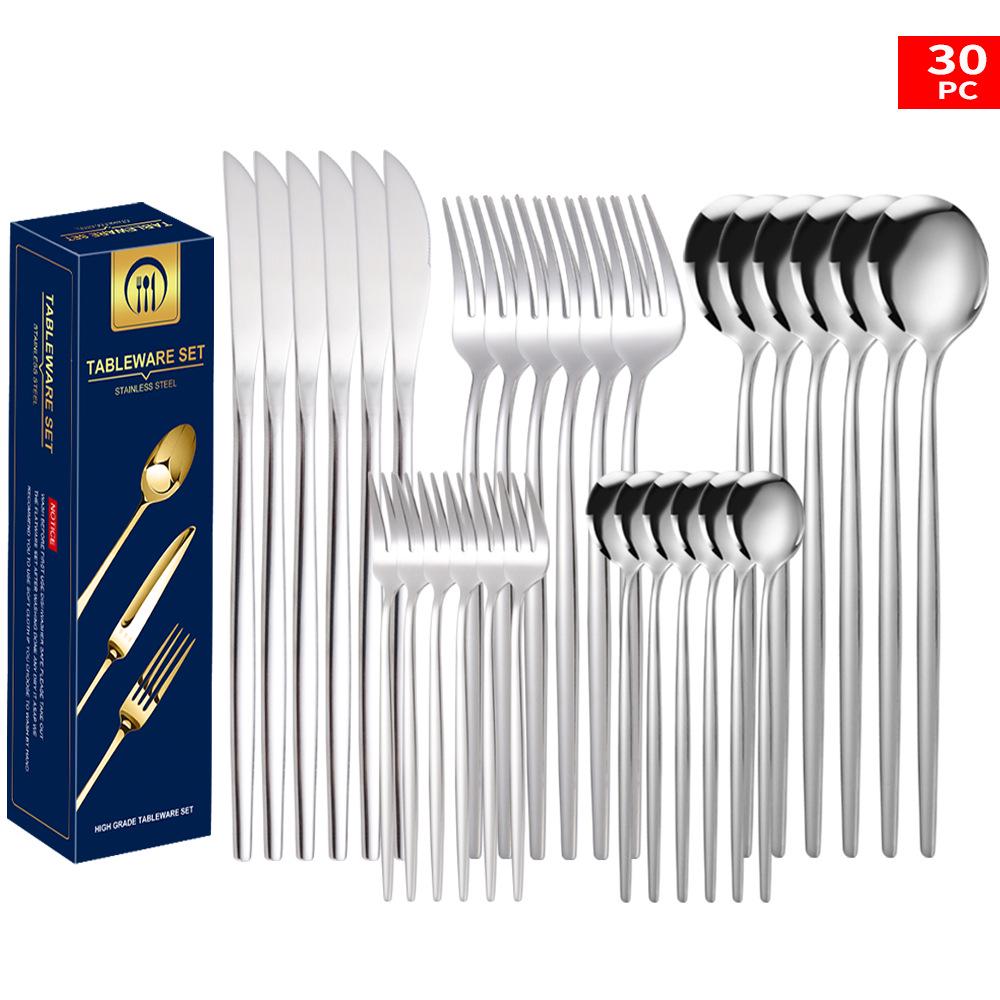 Set tacâmuri din oțel inoxidabil Portugal Gold, 24 de piese: Cuțit de Steak, Furculiță, Lingură de Hotel în Cutie Cadou