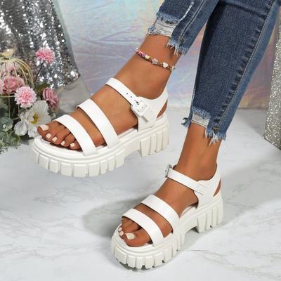 Sandales pour femmes grande taille style décontracté, couleur unie, bout rond, talon épais, semelle épaisse, bride à boucle, chaussures à enfiler