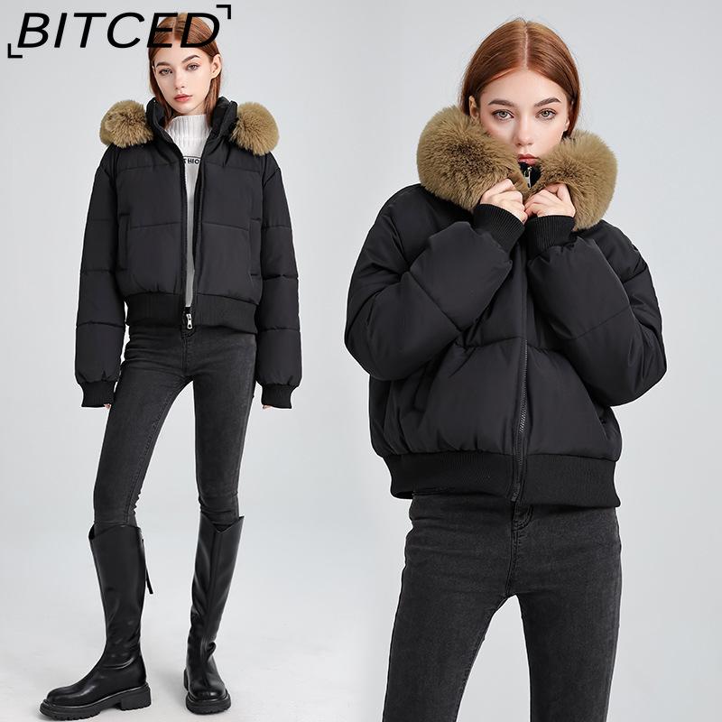 BITCED High-Waisted Oversized Fur-Trimmed Hooded Cropped Cotton Jacket for Women Autumn/Winter Down-Filled Cotton Jacket Slim-Fit Jacket Outerwear