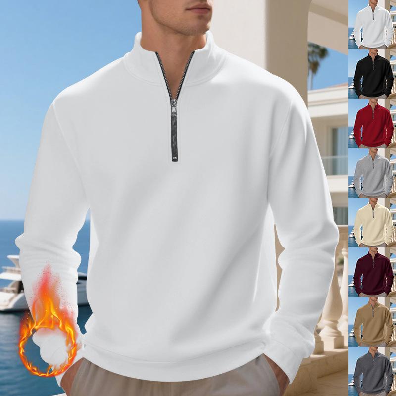 Pulôver Plus Size de Outono/Inverno com Forro de Lã e Meio Zíper, Cor Lisa, Moletom Casual para Homens