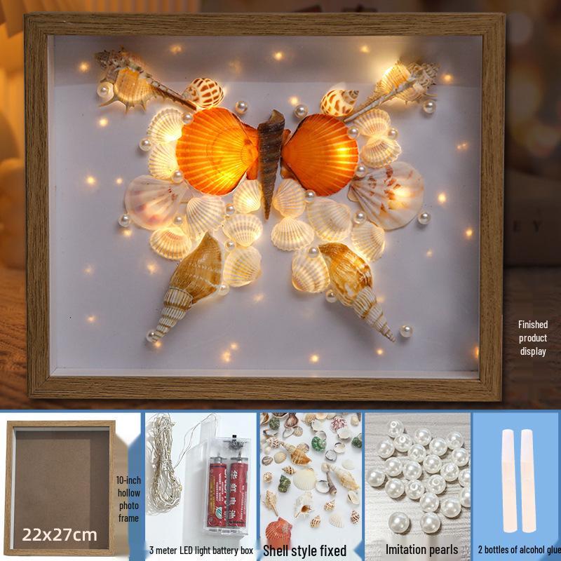 Seashell Pearl Night Light DIY Kit: Handmade Photo Frame, Moon Butterfly Lamp Painting, Creative Ornament and Gift. DIY Package