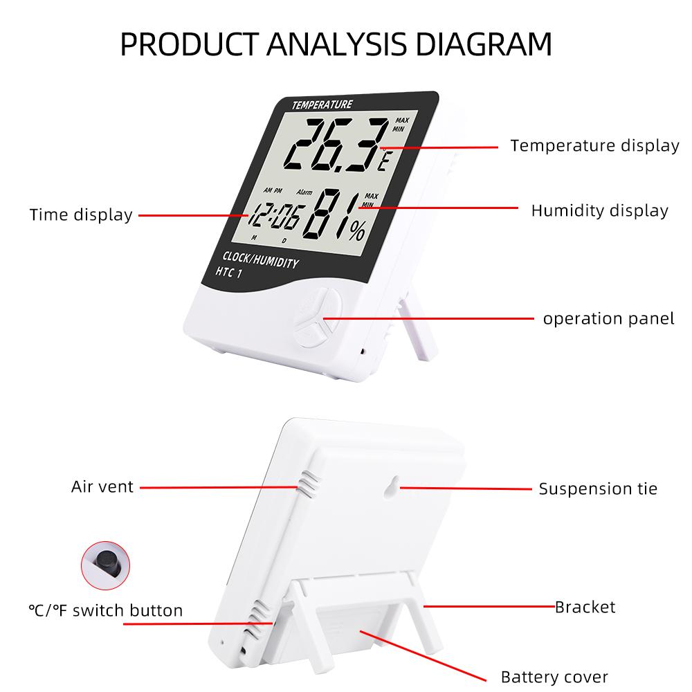 HTC-1 HTC-2 Digital Temperature Humidity Meter Electronic LCD Indoor Outdoor Thermometer Hygrometer Weather Station Clock