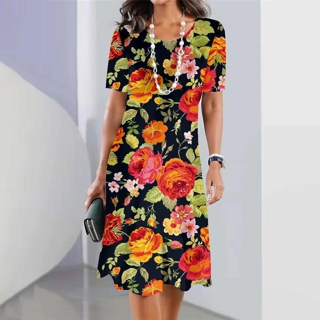 Elegant Women Short Sleeve Fashion 3d Print Midi Dress Plus Size Beach Clothing