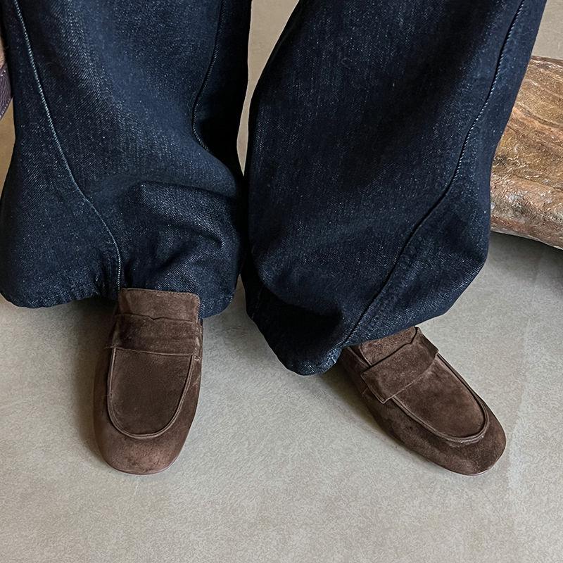 Comfort | 3cm British soft sheep anti-leather loafers women's thick heel one pedal round head gray middle heel beanie shoes