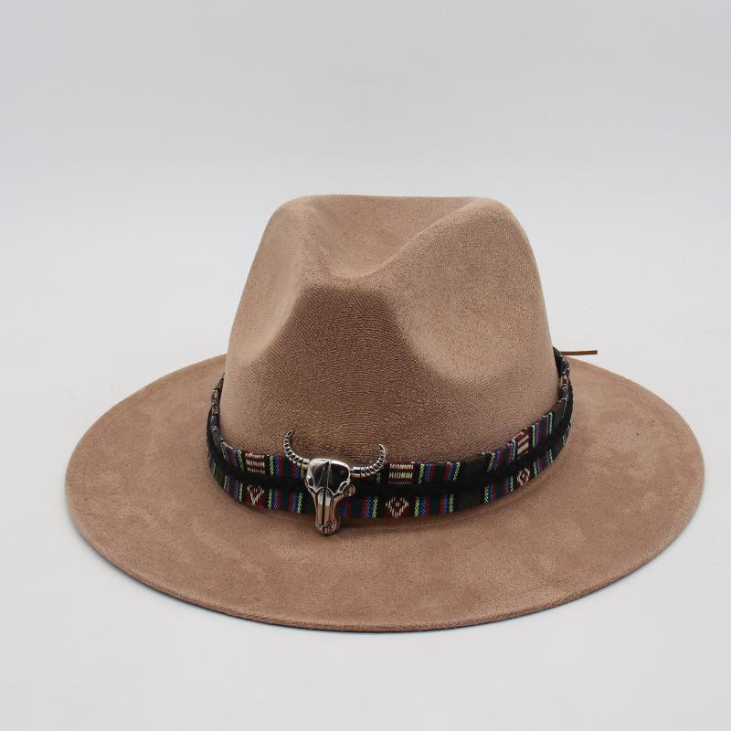 Wind Western Cowboy Hat Horn Woolen Jazz Top Hat Men And Women'S Ethnic Style Felt Hat Big Eaves Hat