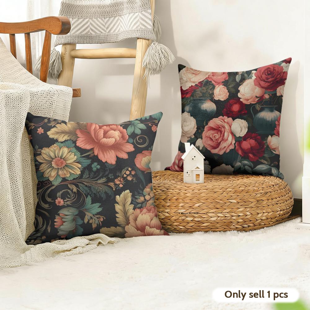 Rose and peony Cushion Cover Summer Linen Pillow Case Organic Fabric Cushion Cover DoubleSided Print Sofa Home Decor