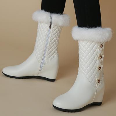 White Women's Winter Fur Snow Boots Black Mid-calf Boot Female Wedge Heels Decoration Footwear Shoe Mother Large Size Waterproof