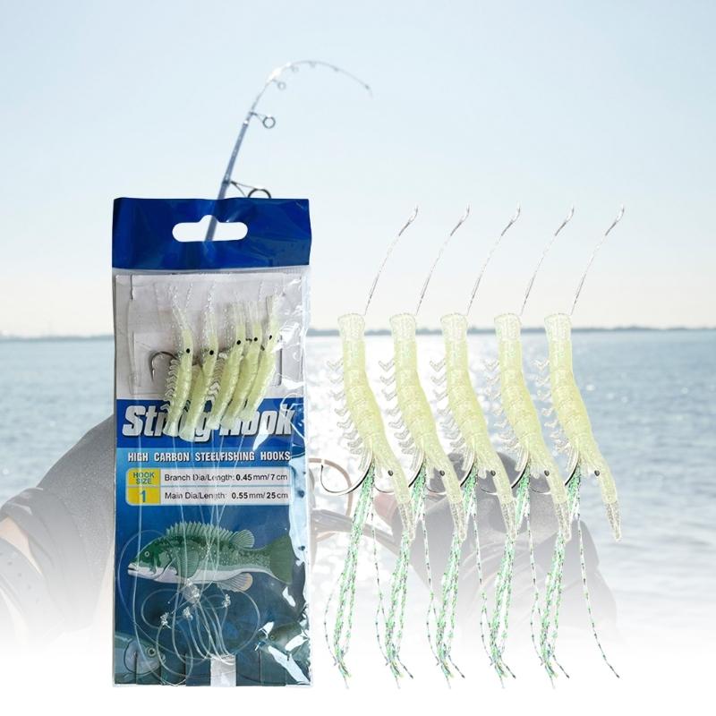 5 Pack Fishing Lures Rig Shrimp Baits Glow Fishing Rigs Shrimp String Hook Fishing Baits for Saltwater Fishing