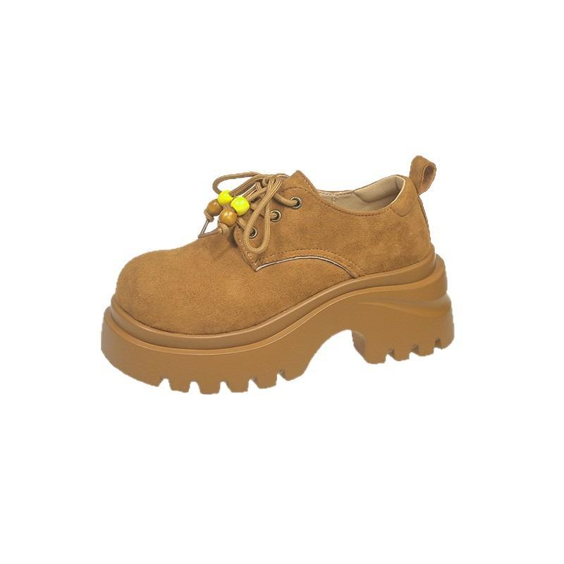 Big head beaded thick sole women's new retro versatile small height increase small leather shoes