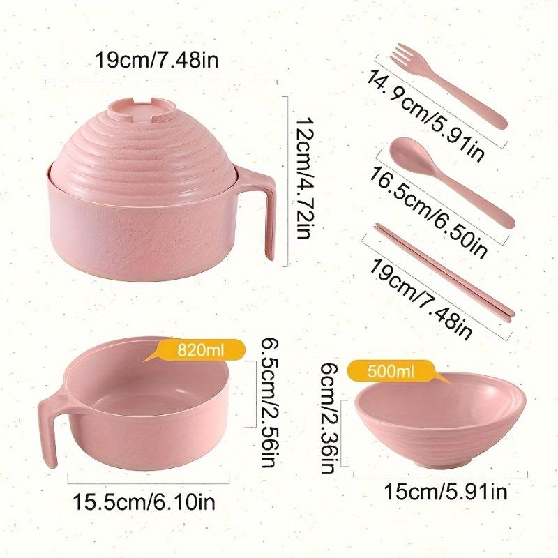 5pcs Wheat Straw Lamian Noodles Bowl and Lunch Box with Lid Spoon, Fork and Chopsticks Especially Suitable for Kitchen Tableware