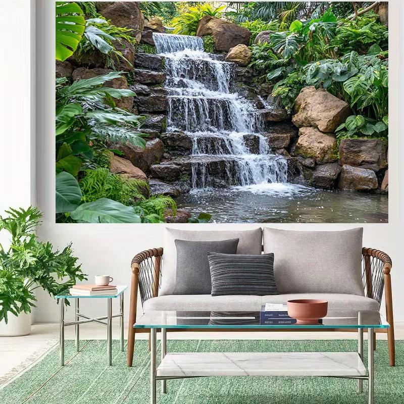 2D tropischer Wasserfall Hintergrund, Grüne Pflanze Stein Natur Foto Hintergrund