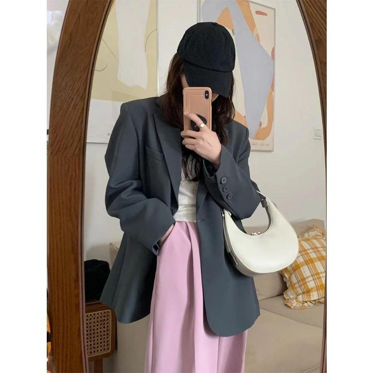 Korean Style Loose Fit Long Jacket with Shoulder Pads and Single Button for Women