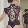 Women Exotic Sexy Underwear Turtleneck Transparent Lace Bodysuit Bow Sleeveless Cross Bandage Elegnat Erotic Lingerie Sex Dress