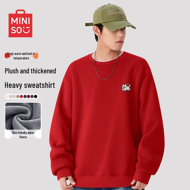 

MINISO Men s Retro Fleece-Lined Crewneck Sweatshirt with Kitten Emblem L