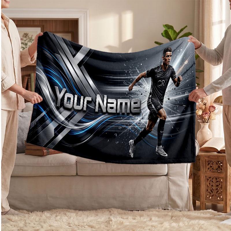 Cristiano Ronaldo Personalized Fleece Blanket With Football Logo, Custom Name Text Soft Warm Home Throw Blanket