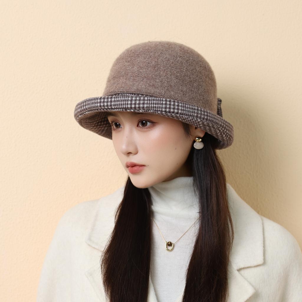 New Autumn and Winter Hat Fashionable and Elegant Woolen Crimped Top Hat Bow Thermos Hat