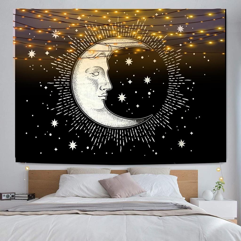 Celestial Moon Tapestry, Black Background with White Crescent Moon Face & Stars Print, Wall Hanging for Boho Bedroom Decor