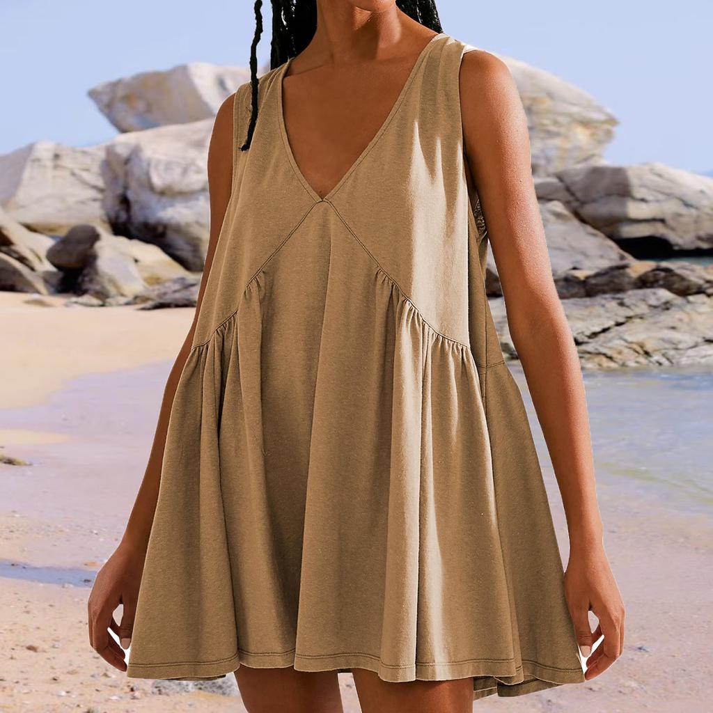 Women's Summer Sleeveless Dress Casual Loose V-neck Tank Top With Pockets