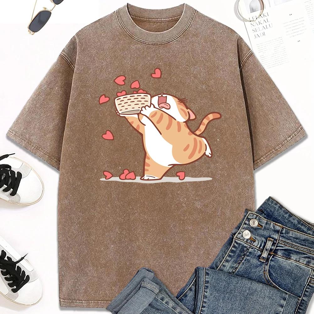 Collect Love Cartoon Cat Print Washed Vintage T-shirt Men's and Women's Summer Casual Clothes Fashion Casual T-shirt
