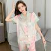 Woman Pijamas Short Sleeve Long Trousers Loose Student Home Wear Lotus Cardigan Lapel Sleepwear Girl Floral Nightwear Loungewear