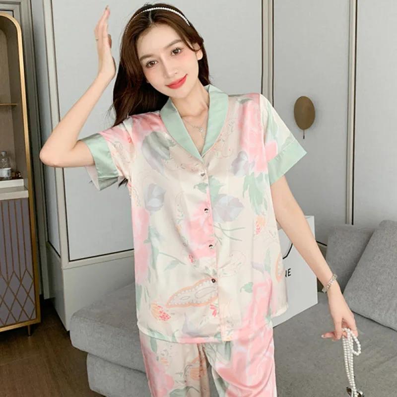 Woman Pijamas Short Sleeve Long Trousers Loose Student Home Wear Lotus Cardigan Lapel Sleepwear Girl Floral Nightwear Loungewear