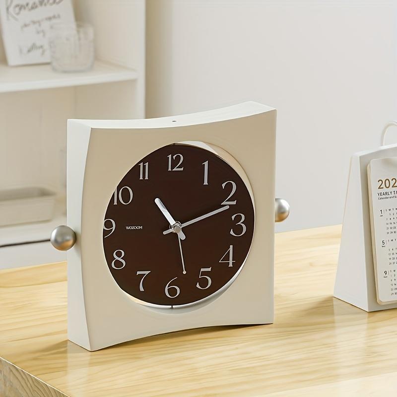 Unique Square Wall Clock with Curved Appearance, Metal Ball Decorations, Rotatable Dial, Beige Face with Black Numbers, Silent Operation, Wooden Frame