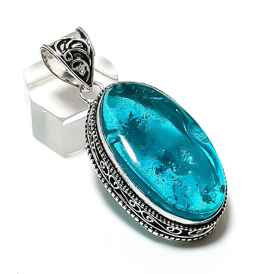 Natural Blue Amber Gemstone Handmade 925 Sterling Silver Pendant 2.05  ETC-14316