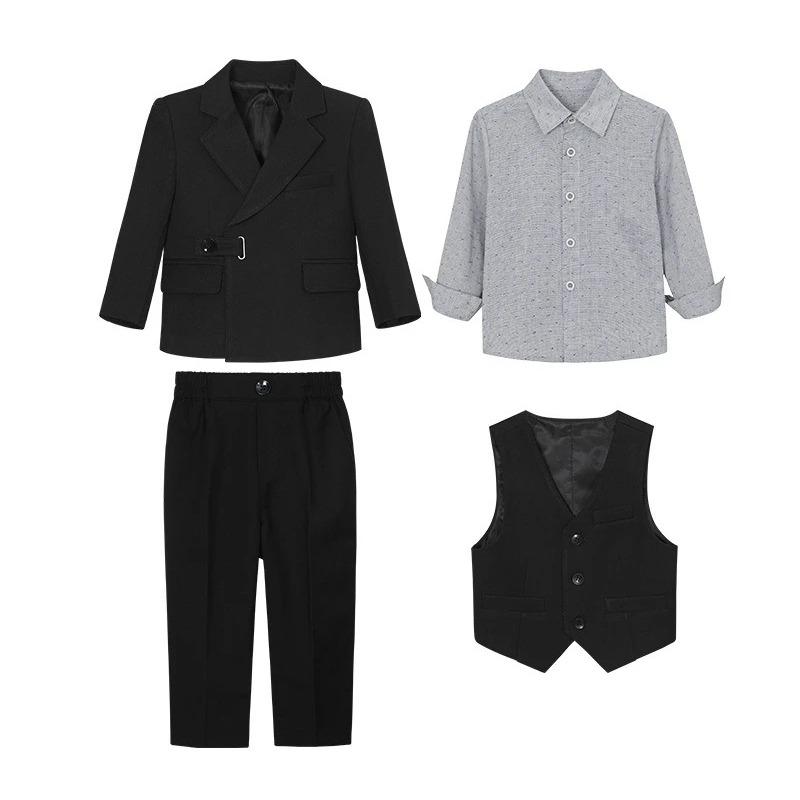Teen Boys 4 Piece Gentleman Suit Asymmetrical Buckle Blazer Vest Dot Print Shirt Straight Pants Kids Wedding Birthday Formal Photo Matching Outfit