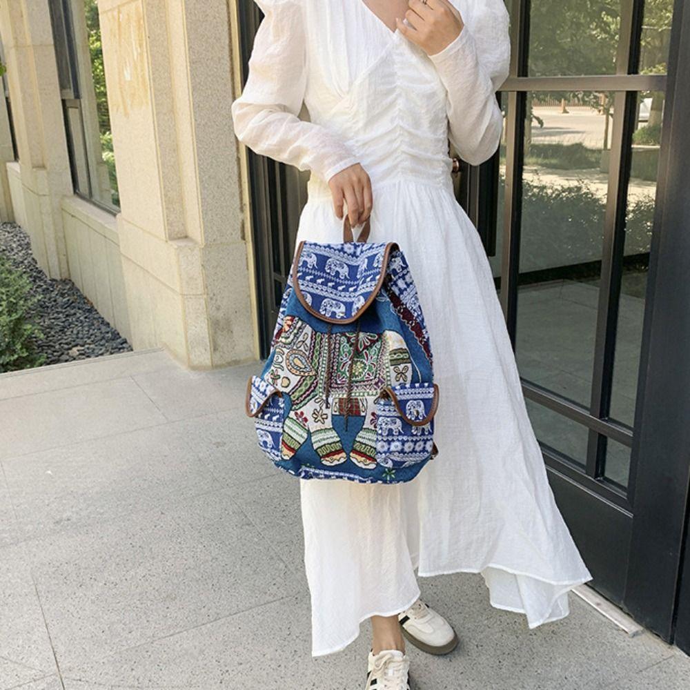 Jacquard Ethnic Style Backpack Bohemian Casual Shoulder Bag Elephant Embroidery Knapsack Lady