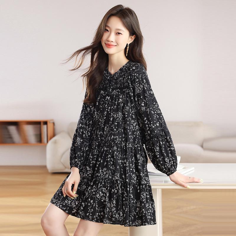Plus Size Women's Floral Chiffon Dress: Salt-Sweet Autumn Style with Long Sleeves
