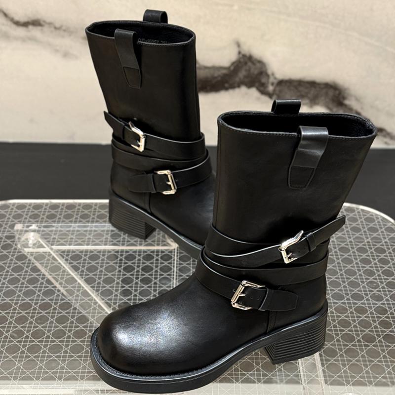 Fashion Belt Buckle Women Mid Calf Boots Punk Style Square Toe Thick Heels Shoes Autumn Winter Western Cowboy Booties