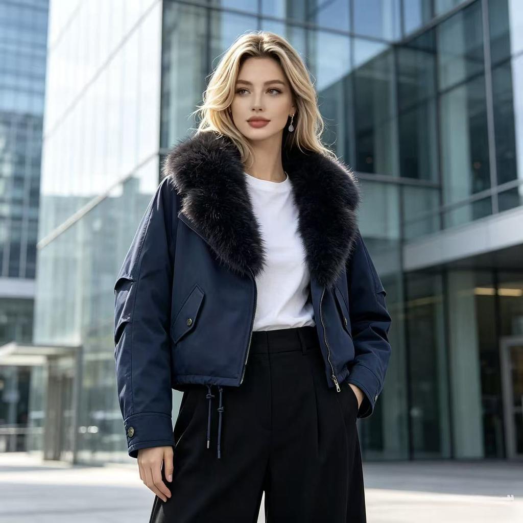 Winter design sense large fur collar lapel versatile loose drawstring thickened cotton clothes pie overcome coat