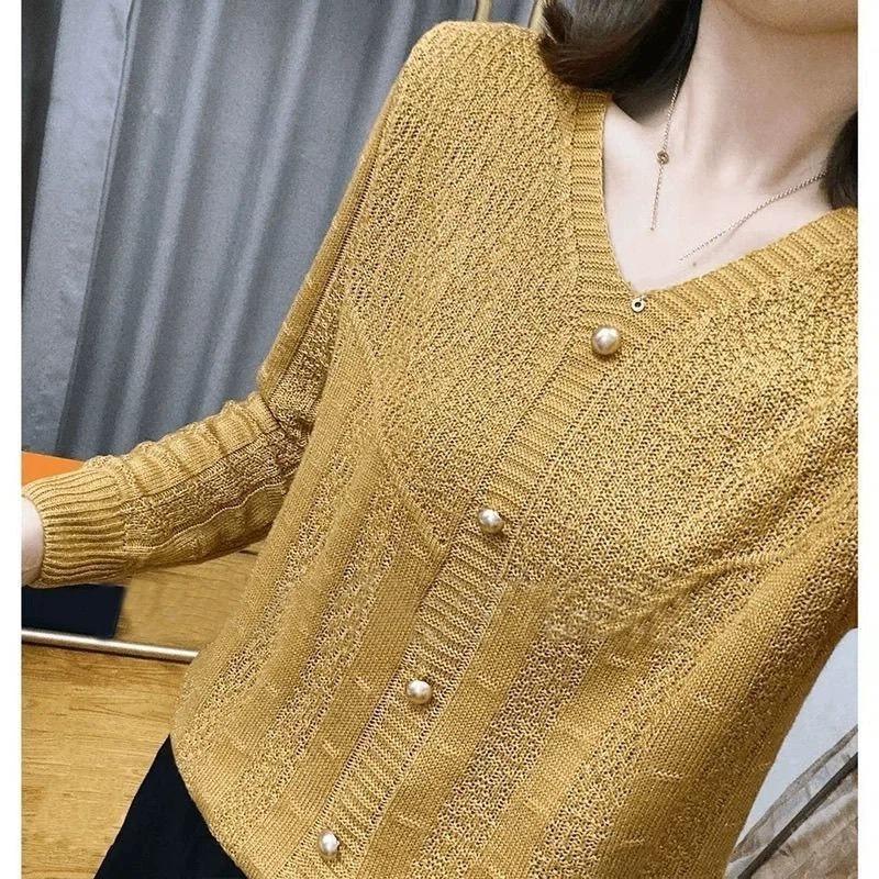 

mustard yellow v-neck long sleeve textured knit top with faux pearl buttons for women onesize