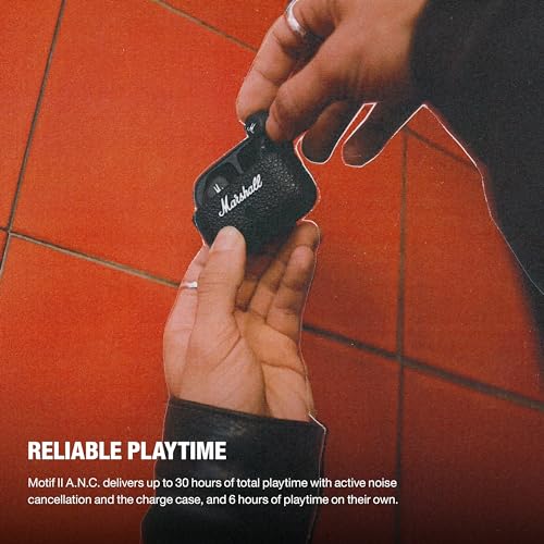 Marshall Motif II A.N.C. Noise-Canceling True Wireless Earbuds, Black, 30 Hours of Playtime, Qi Charging, and Call Support [Official Japanese Product]