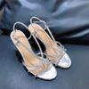 Fashion French Rhinestone High Heels For Women Slender Heels With Exposed Toes Sexy Fairy Style One-Shoulder Silver Thin Strap Sandals