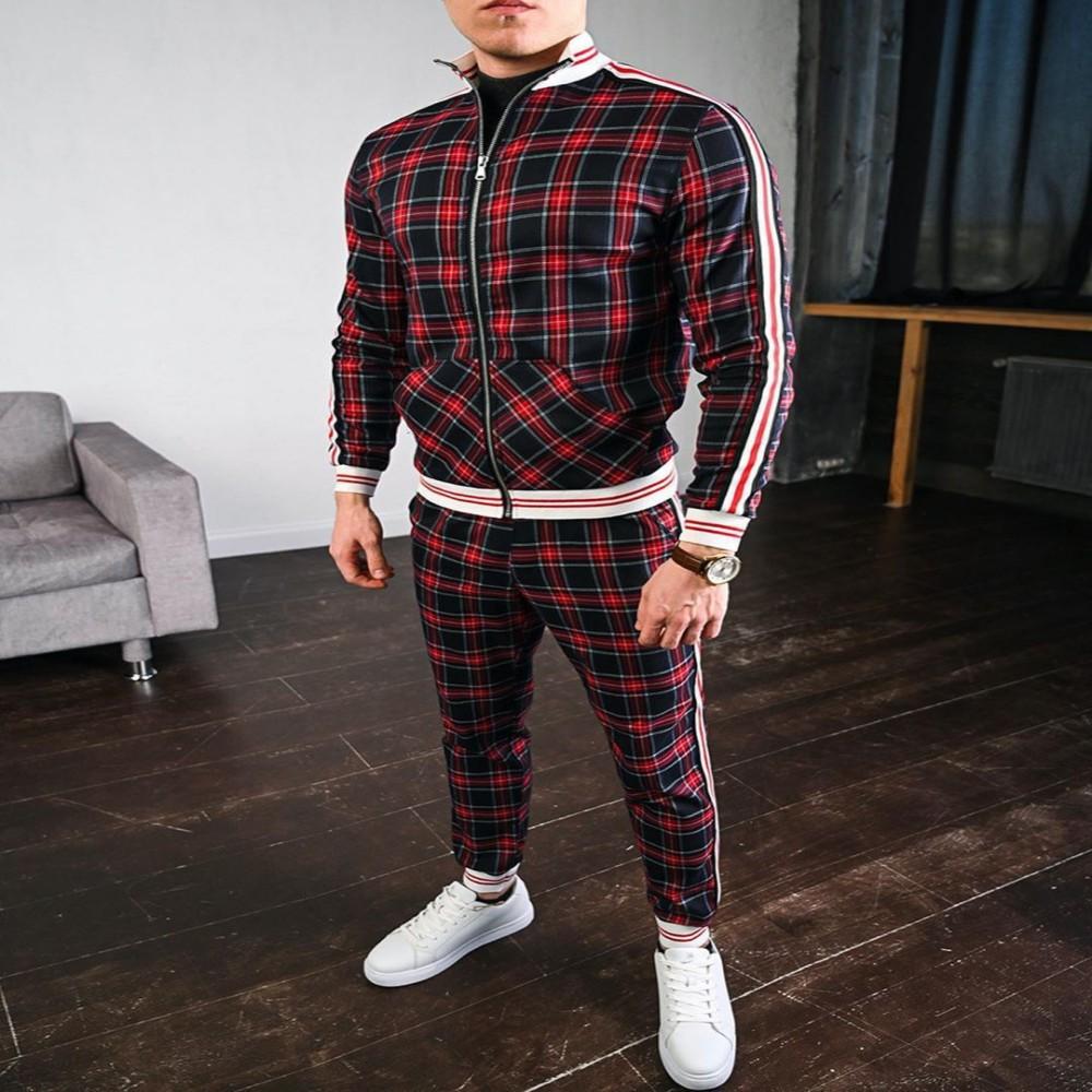 Men' 3D Plaid Sports Suit Gentlemen Sets Jacket Man Set Tracksuit Fitness Fashion Zipper 2 Pieces Men's Sets Sportswear Suit Men