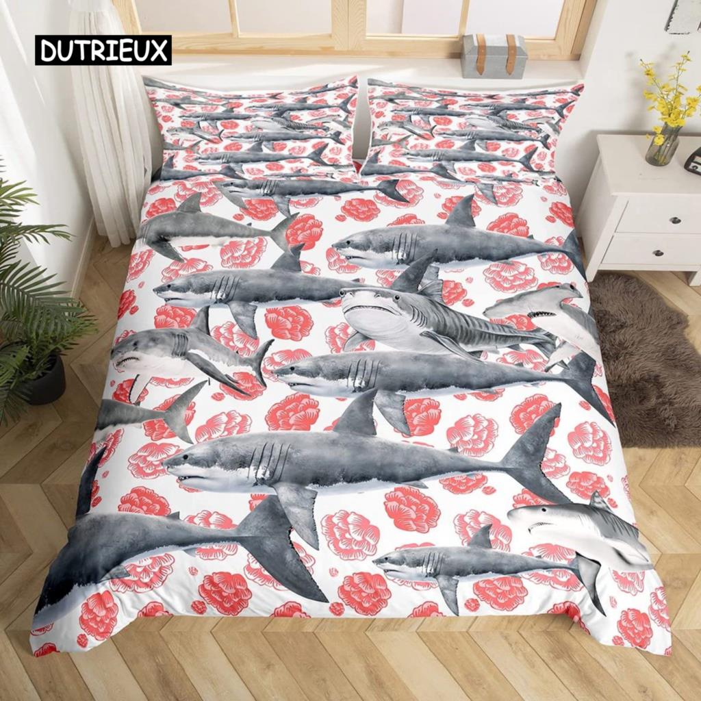 Shark Duvet Cover Set Deep Sea Animal Bedding Set Cartoon Ocean Sharks Colourful Hand Drawn Comforter Cover For Kids Boys Girls