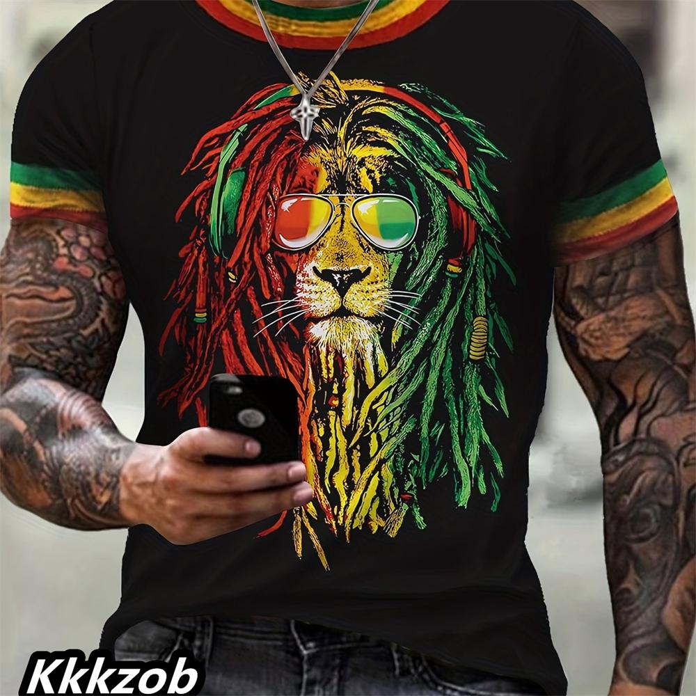 Men's 3D printed lion short-sleeved crew neck T-shirt for summer, soft and breathable, casual and comfortable, suitable for outdoor sports.