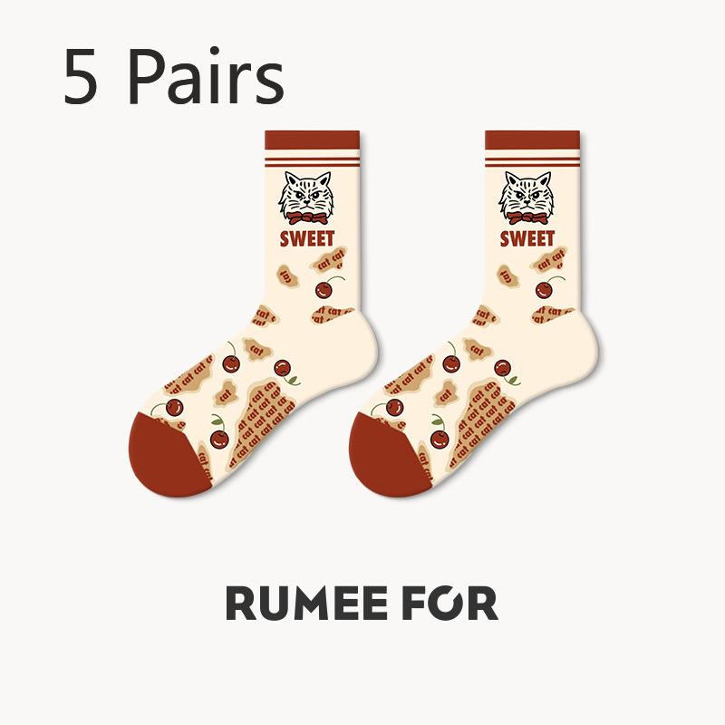 5 Pairs of Women's Spring and Autumn Retro Fashion Non Slip Tube Socks