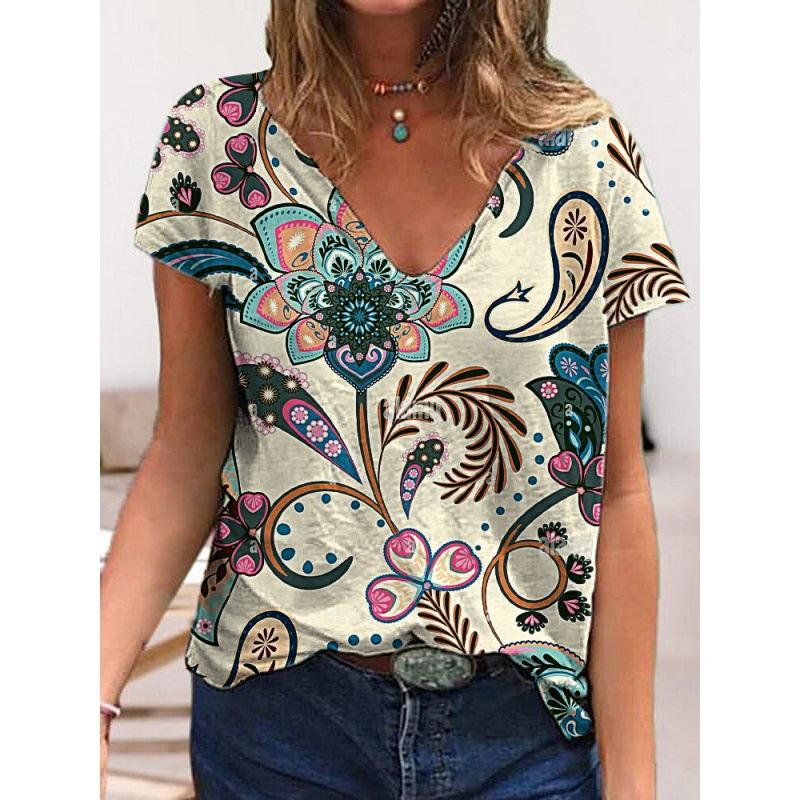 Summer V-neck 3D Flower Printed Top Fashionable Casual Short Sleeved Women's T-shirts