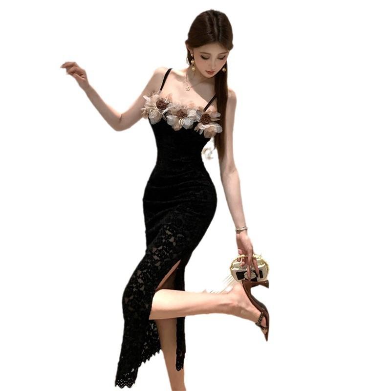 Women's Celebrity Sexy Lace Flower Splicing Suspender Dress