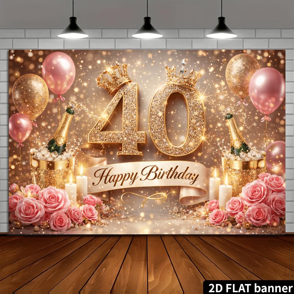 2D Plane 40th Birthday Party Backdrop for 40-year-olds Gold Diamond Numerals 40 Crown Theme Wall Decoration