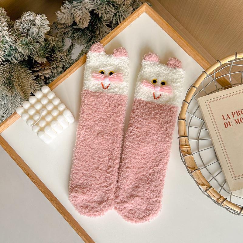

Autumn And Winter Coral Fleece Women S Socks Thickened Floor Socks Women S Sleep Socks Medium Tube Home Floor Socks Cartoon Cat One size розовый